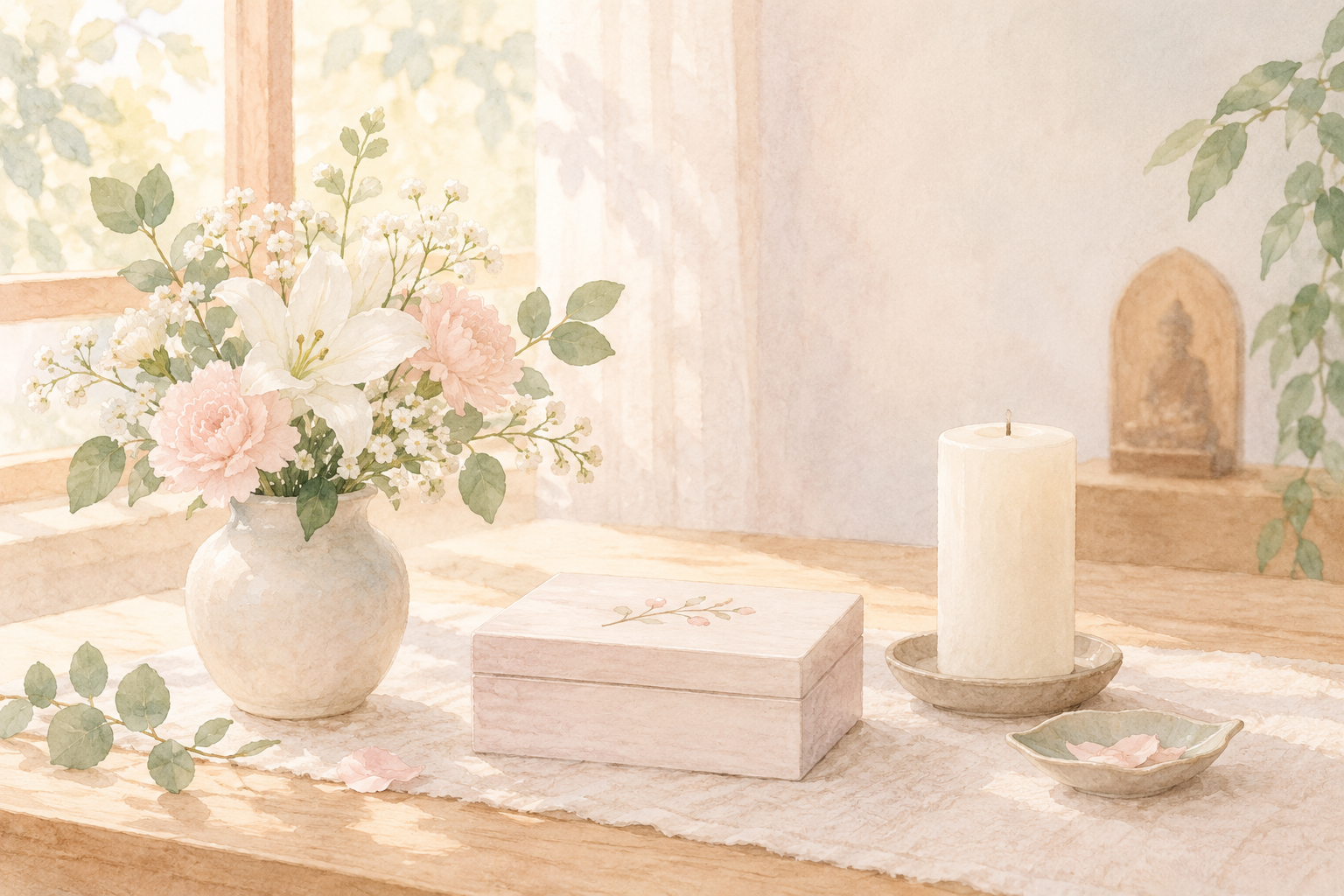 柔らかな光が入る窓辺に花と小さな箱、ろうそくを置いた、ご自宅での祈りを表す水彩イラスト