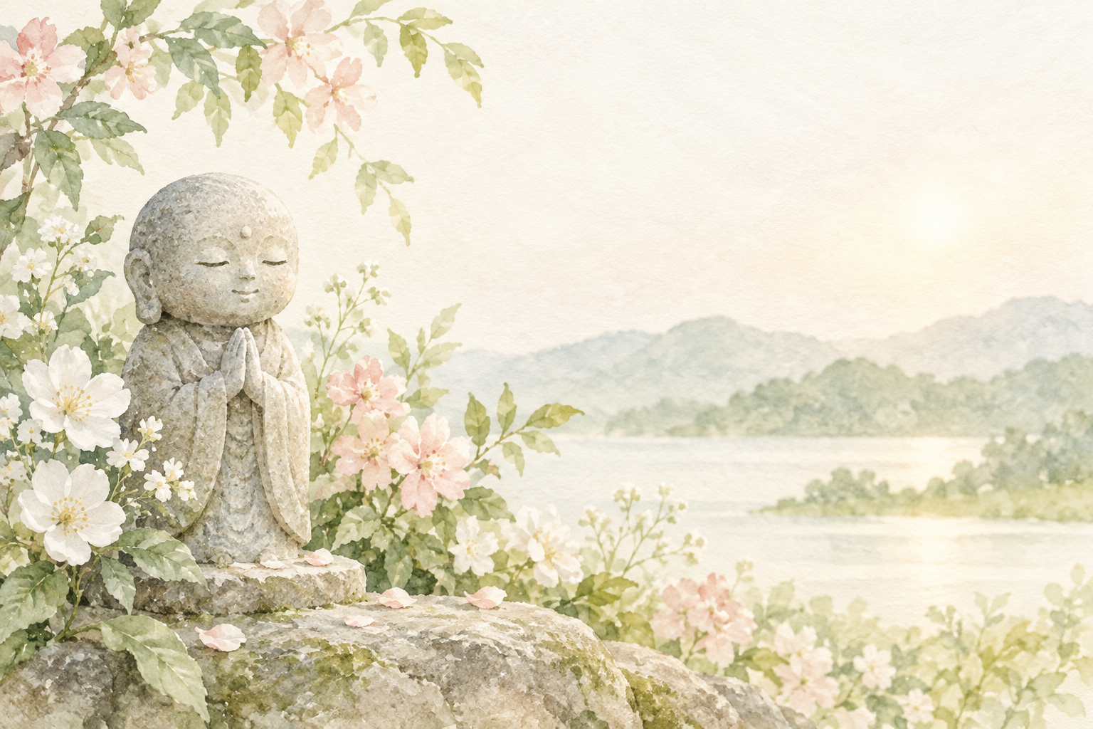 白と淡い桃色の花に囲まれ、静かに手を合わせるお地蔵さまの水彩イラスト
